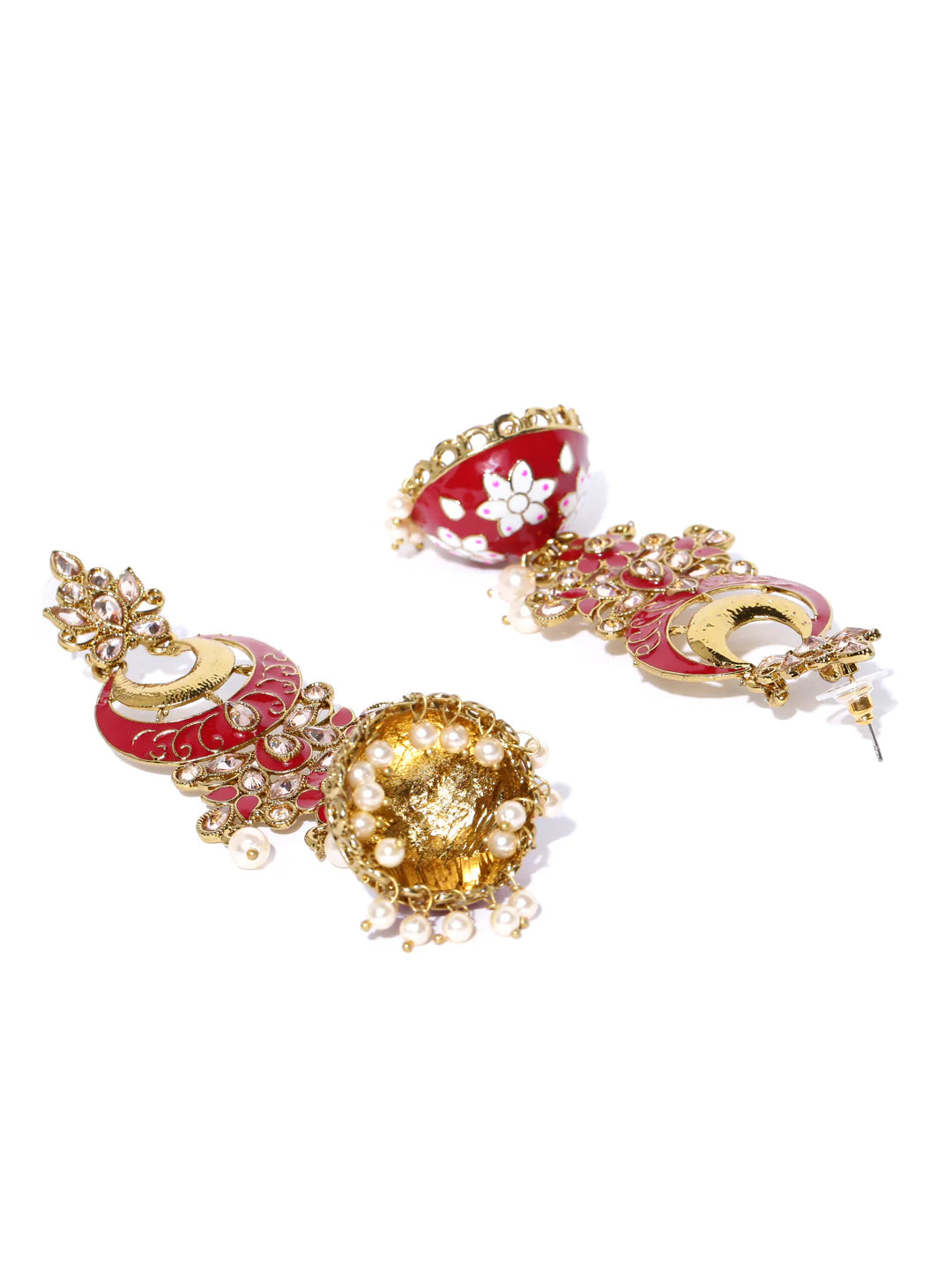 "Artificial Gold-Plated Meenakari Jhumka Earrings for Women | Maroon & White Stones Studded Traditional Jewelry"