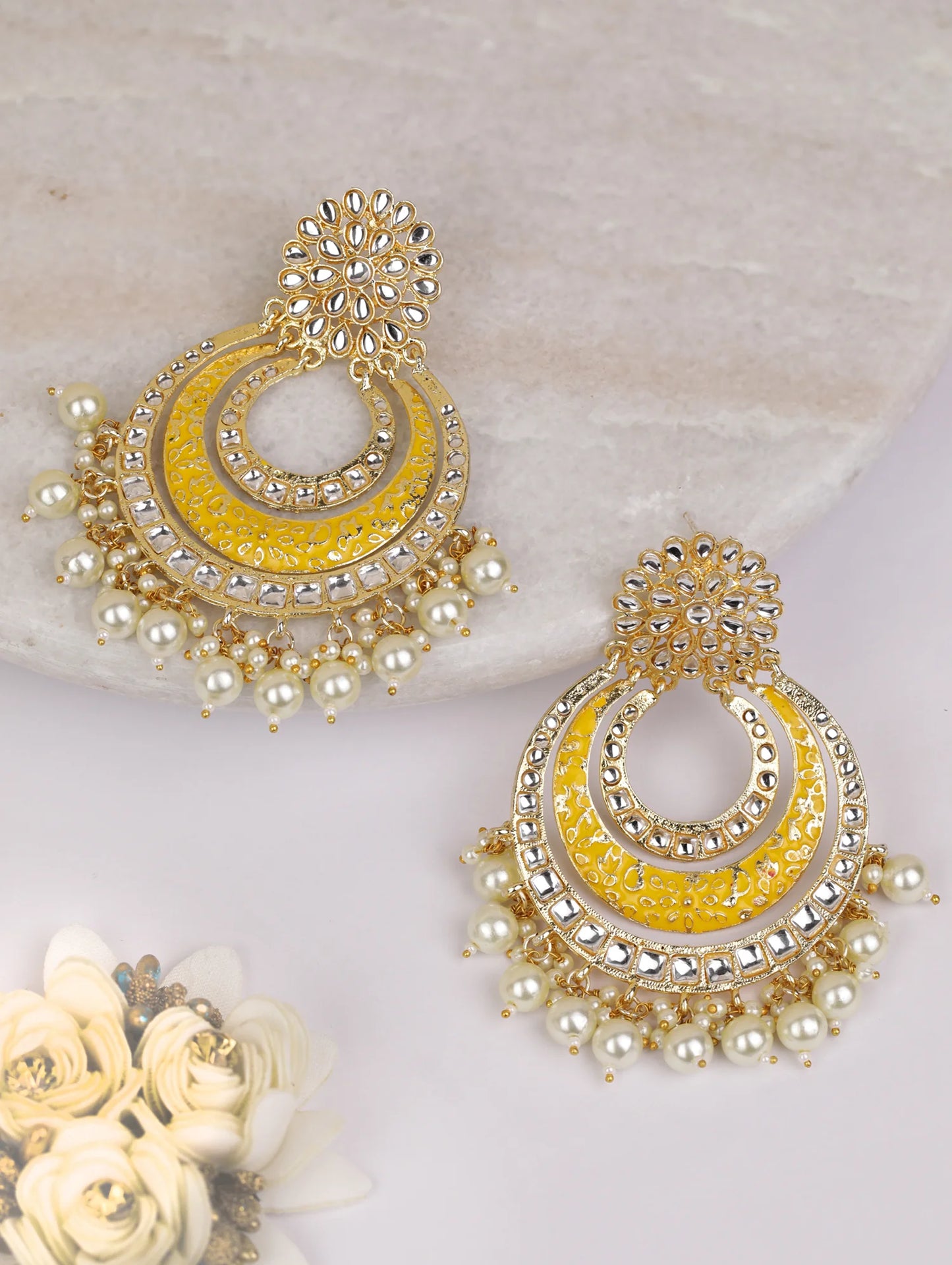 "Artificial Kundan Studded Yellow Colored Earrings for Women | Traditional Ethnic Jewelry"