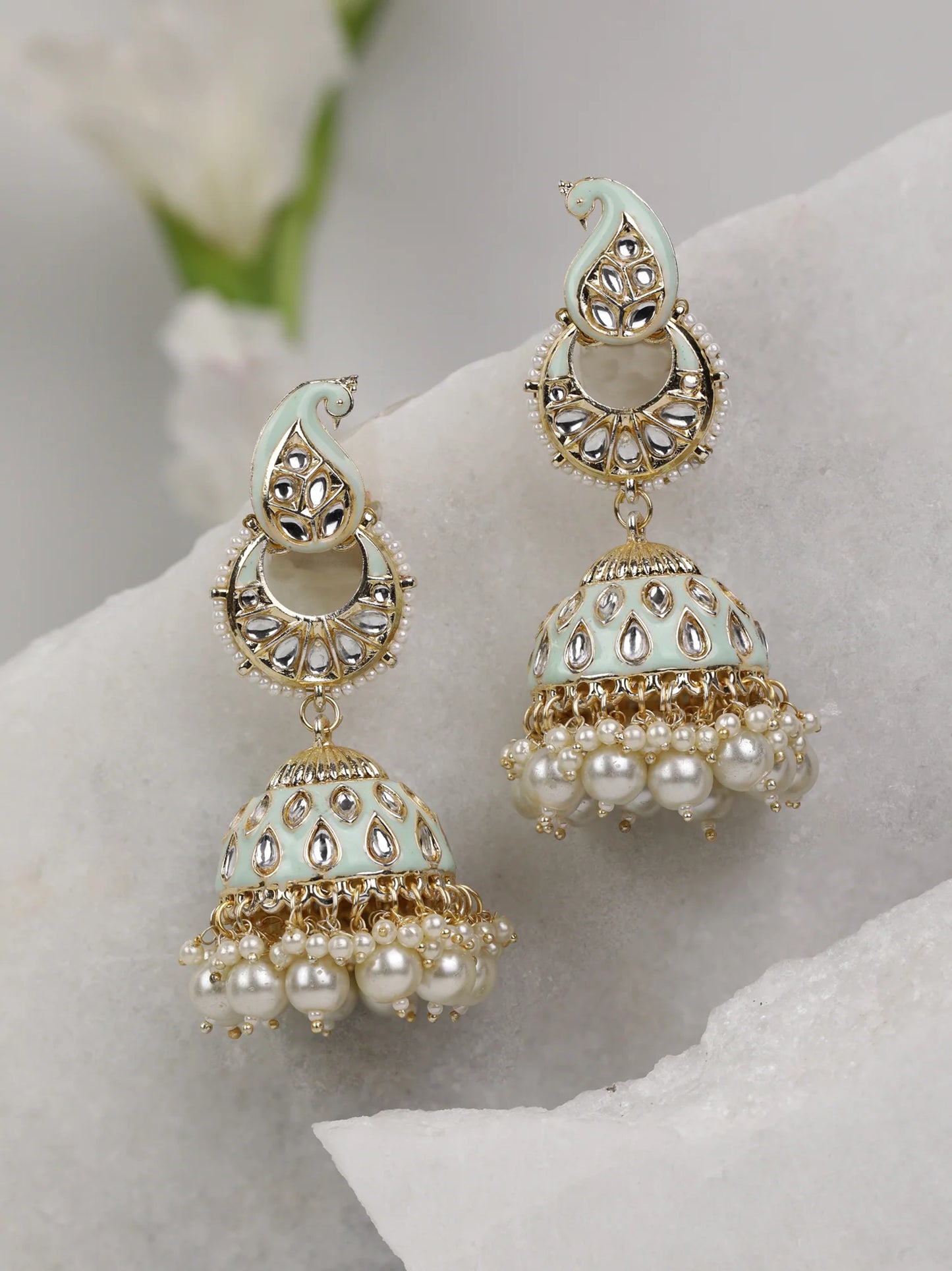 "Artificial Kundan Studded Beaded Jhumka Earrings for Women | Traditional Ethnic Jewelry"
