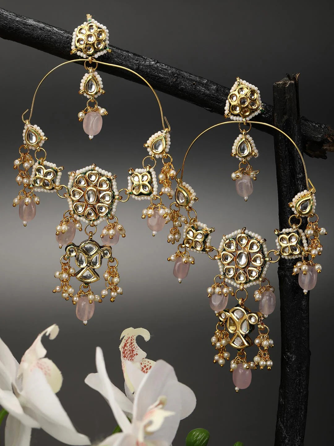 "Artificial Nazm Pearls Beads Kundan Gold Plated Drop Earrings for Women | Traditional Ethnic Jewelry"