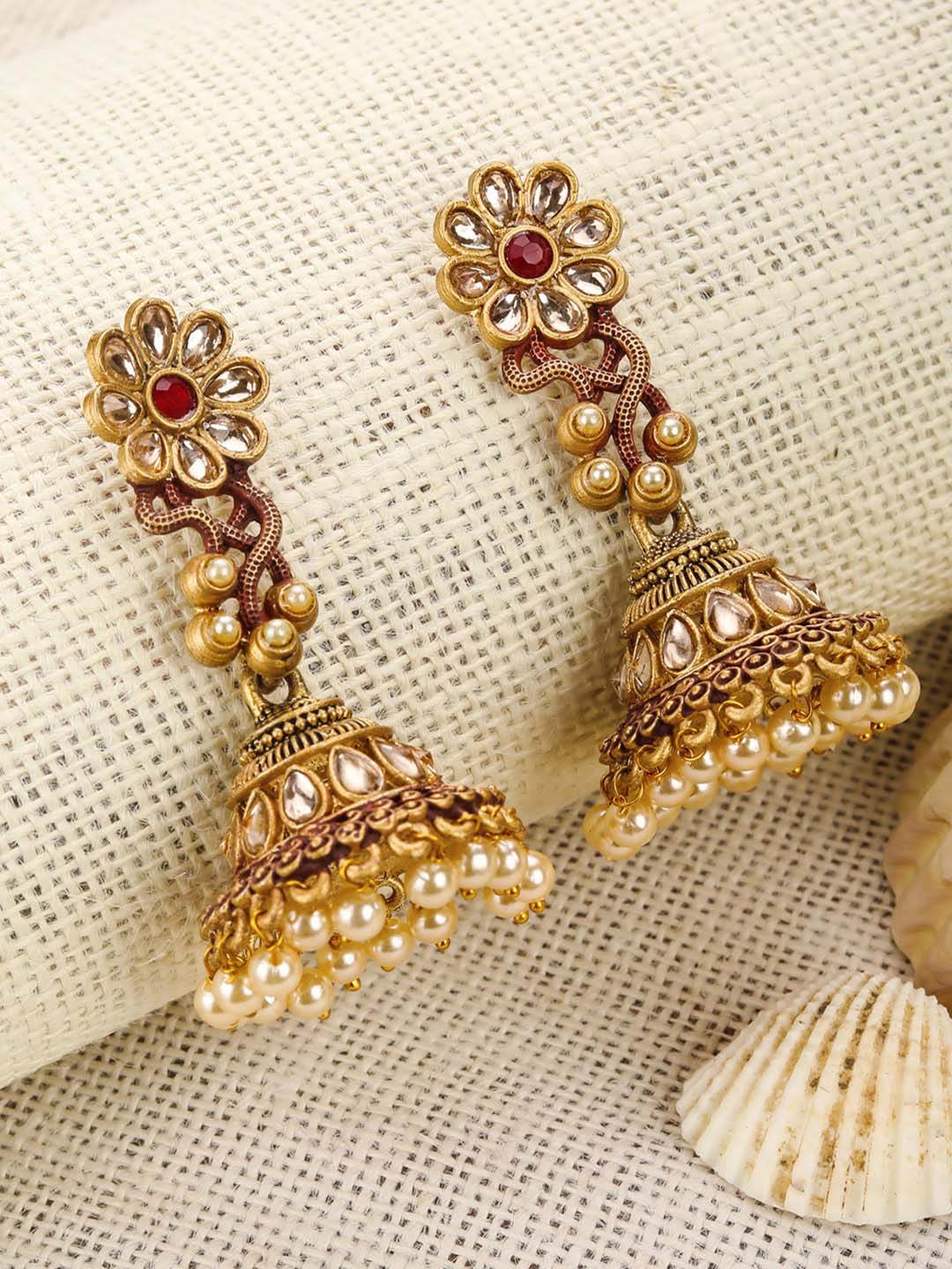 "Artificial Red Kundan Beads Gold Plated Floral Jhumka Earrings for Women | Traditional Ethnic Jewelry"