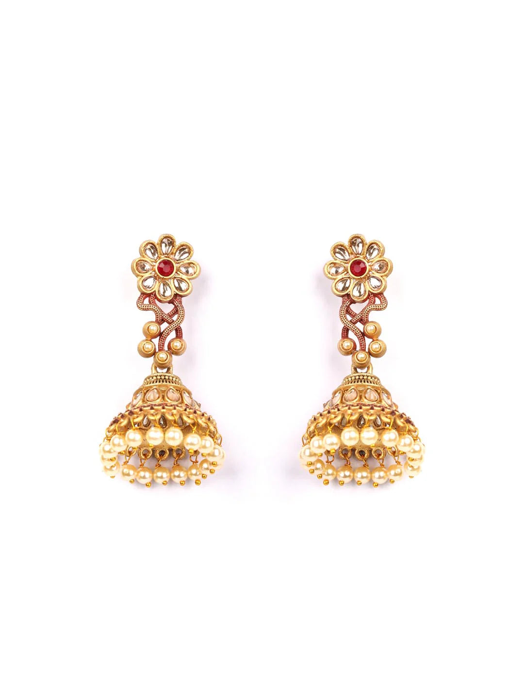 "Artificial Red Kundan Beads Gold Plated Floral Jhumka Earrings for Women | Traditional Ethnic Jewelry"