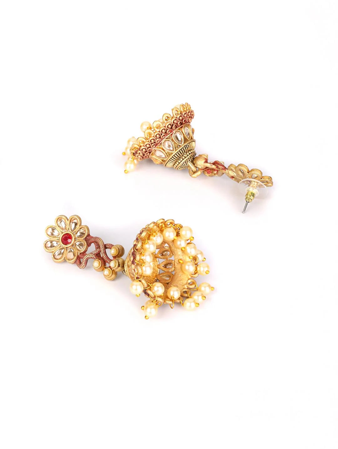 "Artificial Red Kundan Beads Gold Plated Floral Jhumka Earrings for Women | Traditional Ethnic Jewelry"