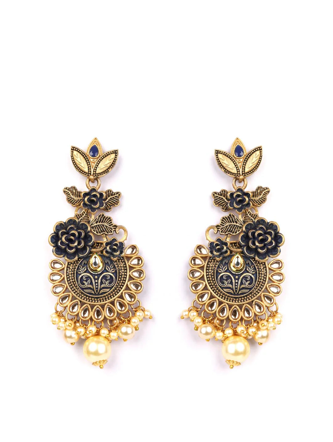 "Artificial Black Kundan Beads and Pearls Gold Plated Floral Drop Earrings for Women | Traditional Ethnic Jewelry"