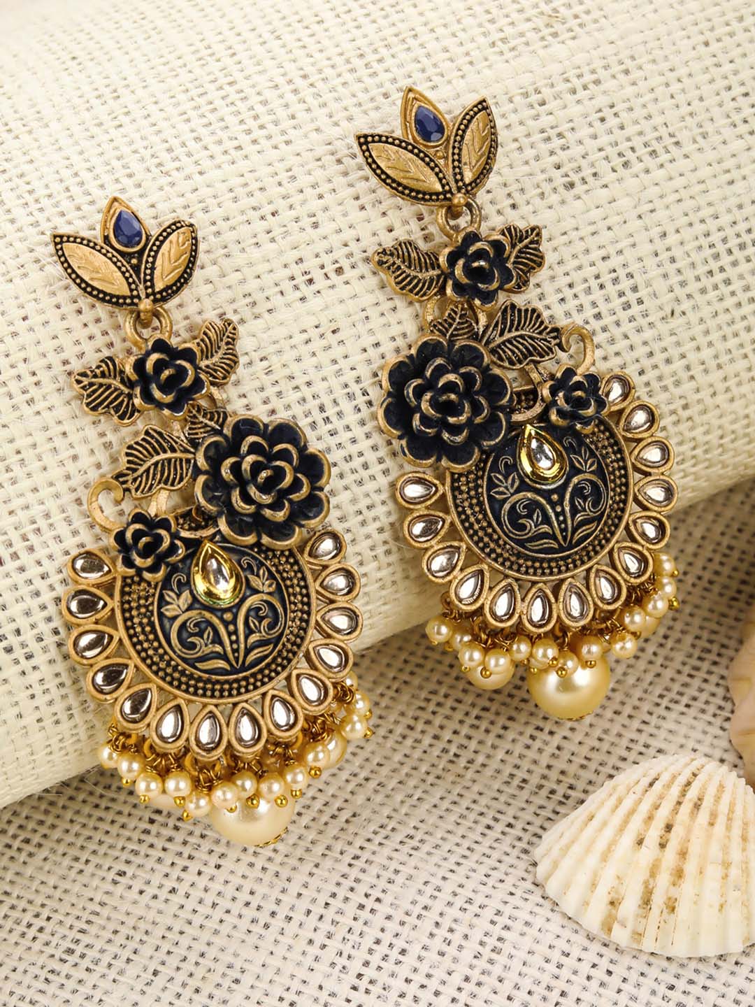 "Artificial Black Kundan Beads and Pearls Gold Plated Floral Drop Earrings for Women | Traditional Ethnic Jewelry"