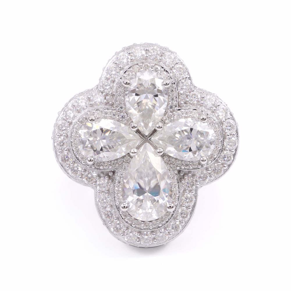"Moissanite Four Leaf Clover Ring – VVS D-Color Iced Out 925 Sterling Silver Lucky Statement Jewelry"
