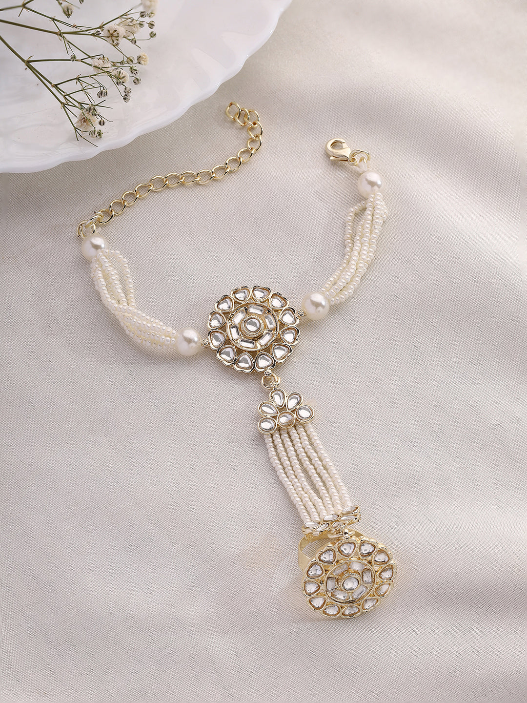 "Artificial Priyaasi Pearl and Kundan Combo Hathphool for Women | Traditional Ethnic Hand Jewelry"