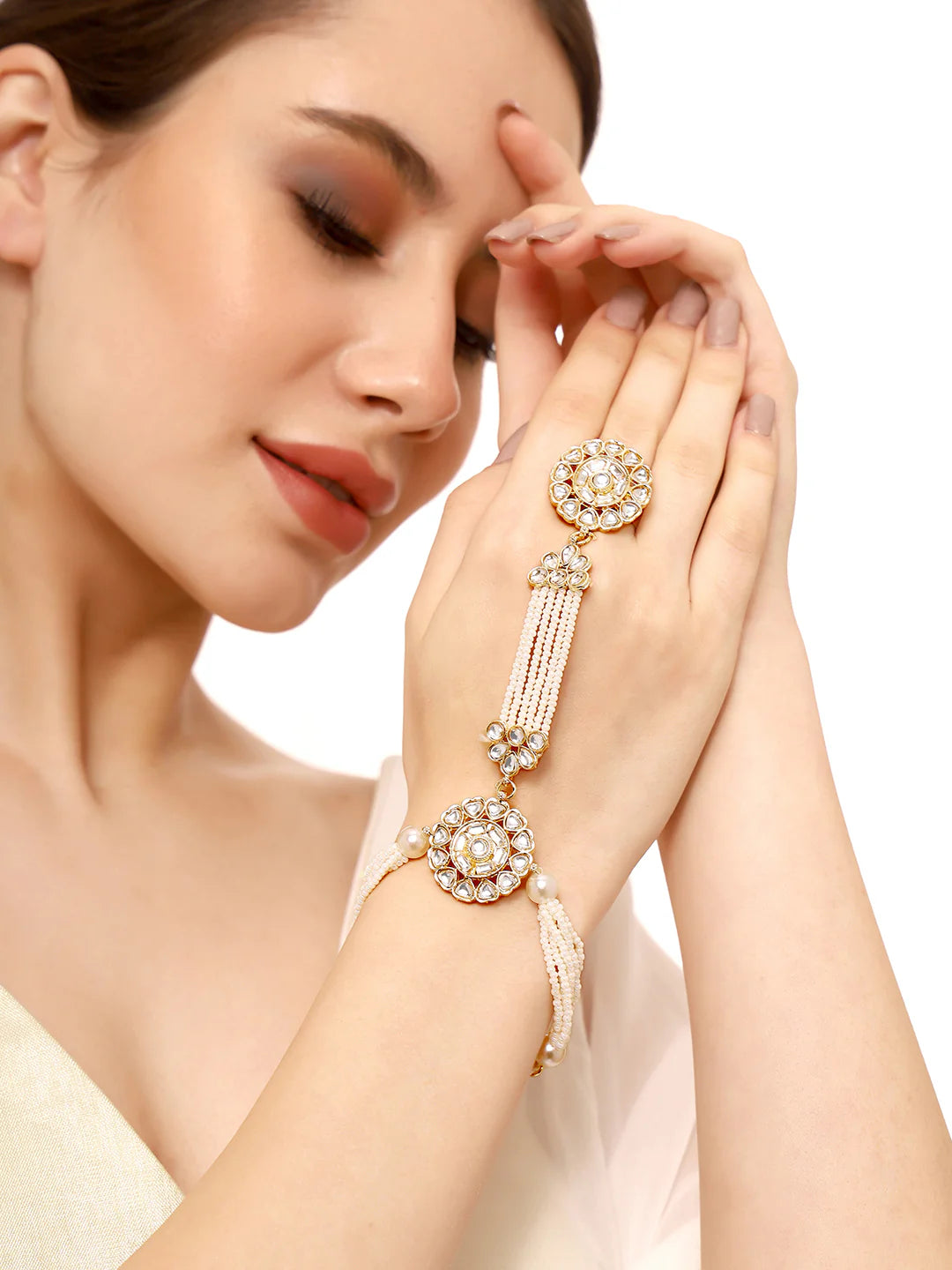 "Artificial Priyaasi Pearl and Kundan Combo Hathphool for Women | Traditional Ethnic Hand Jewelry"