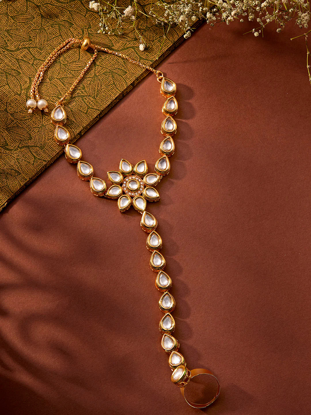 "Artificial Priyaasi Floral Design Kundan Gold Plated Adjustable Hathphool for Women | Traditional Ethnic Hand Jewelry"