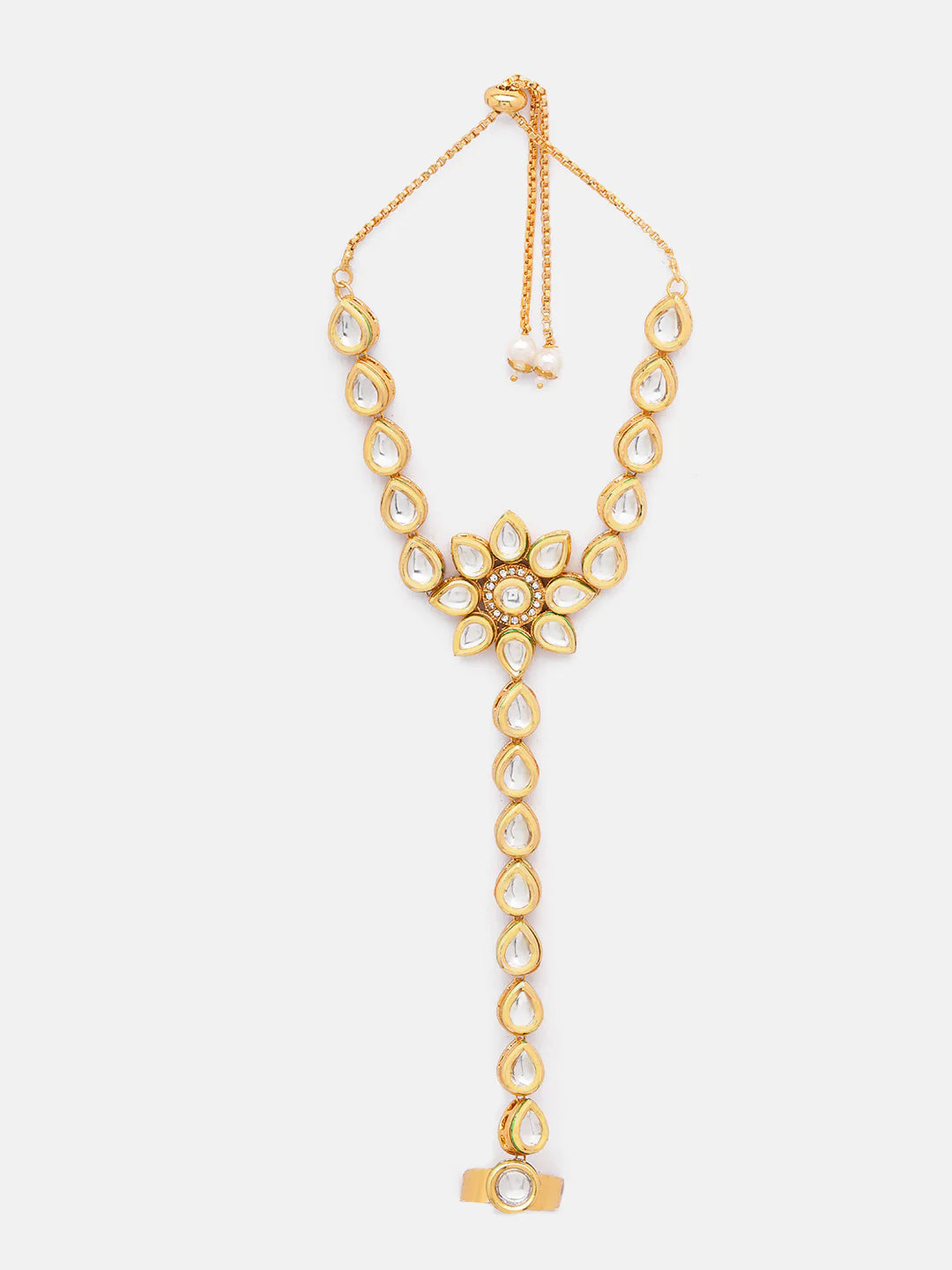 "Artificial Priyaasi Floral Design Kundan Gold Plated Adjustable Hathphool for Women | Traditional Ethnic Hand Jewelry"