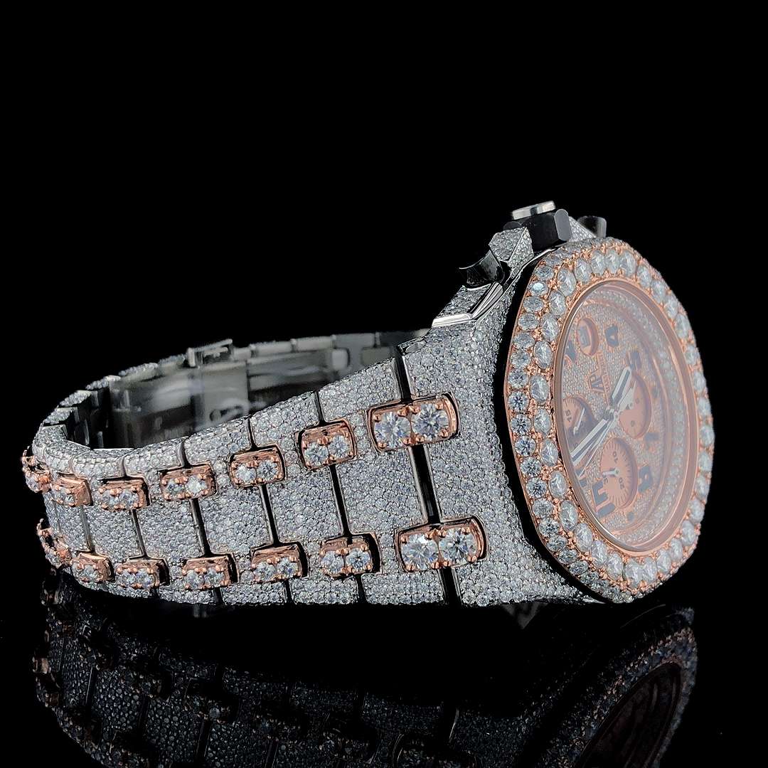 Full Iced Out Moissanite Diamond Menโs Watch, 42mm Chronograph, 2-Tone Gold Plated Stainless Steel