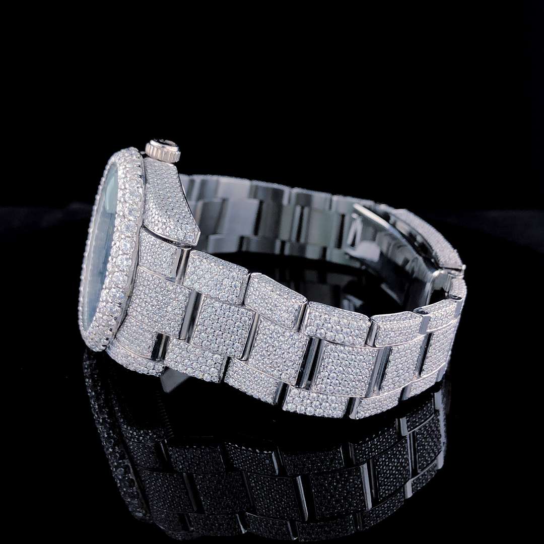 VVS Diamond Menโs Watch, 41mm Green Dial, White Gold Plated Stainless Steel, Fully Iced Out โ Luxury Birthday Gift for Him