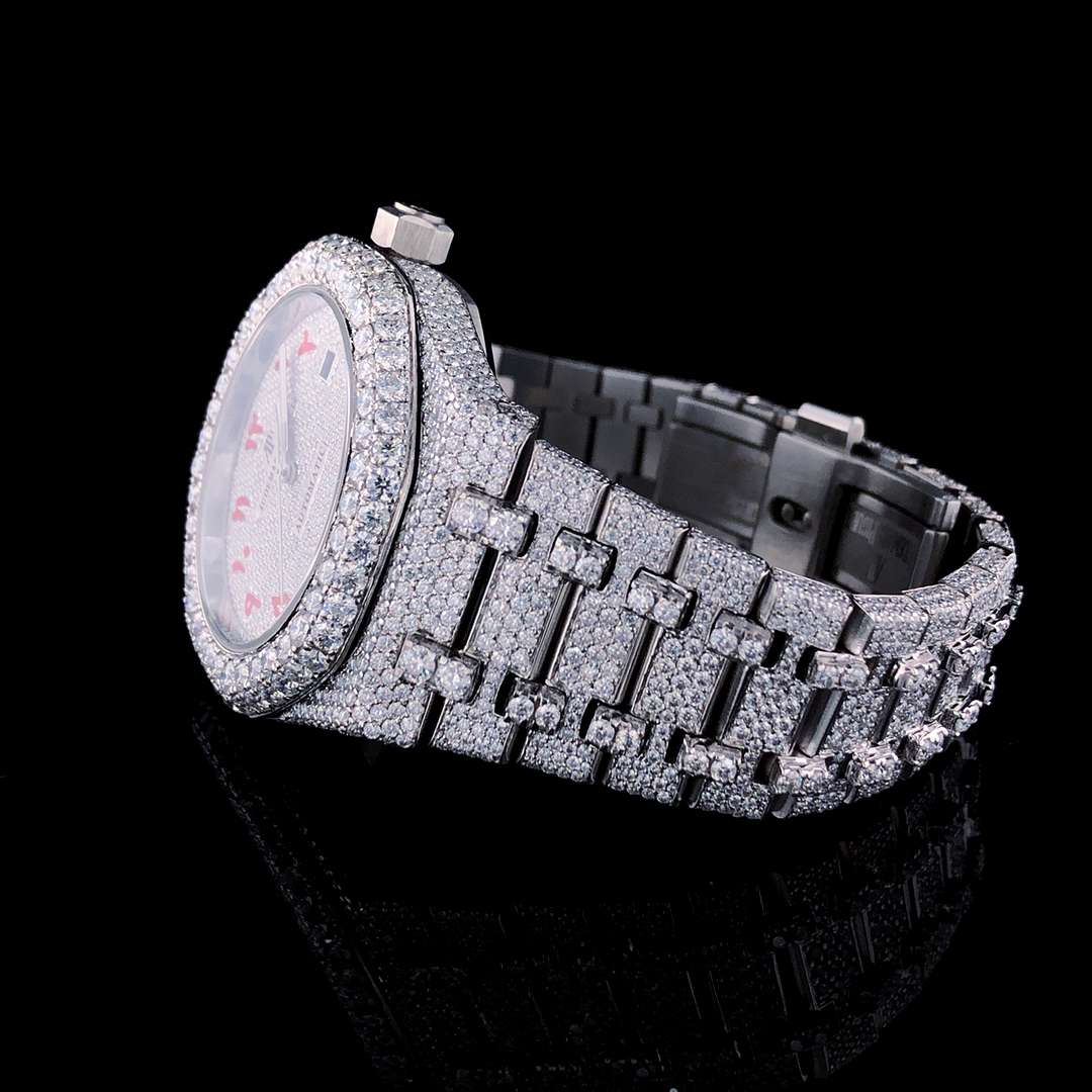 Full Iced Out Moissanite Diamond Menโs Watch, White Gold Stainless Steel, Arabic Font, Hip Hop Round Dial Watch