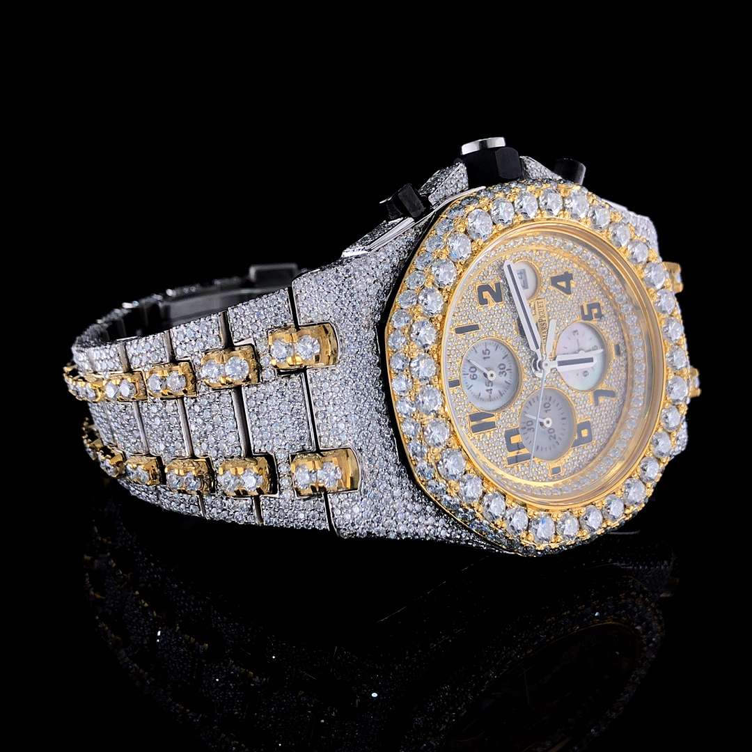 Full Iced Out Moissanite Diamond Menโs Watch, 42mm Stainless Steel Chronograph, 2-Tone Gold Plated