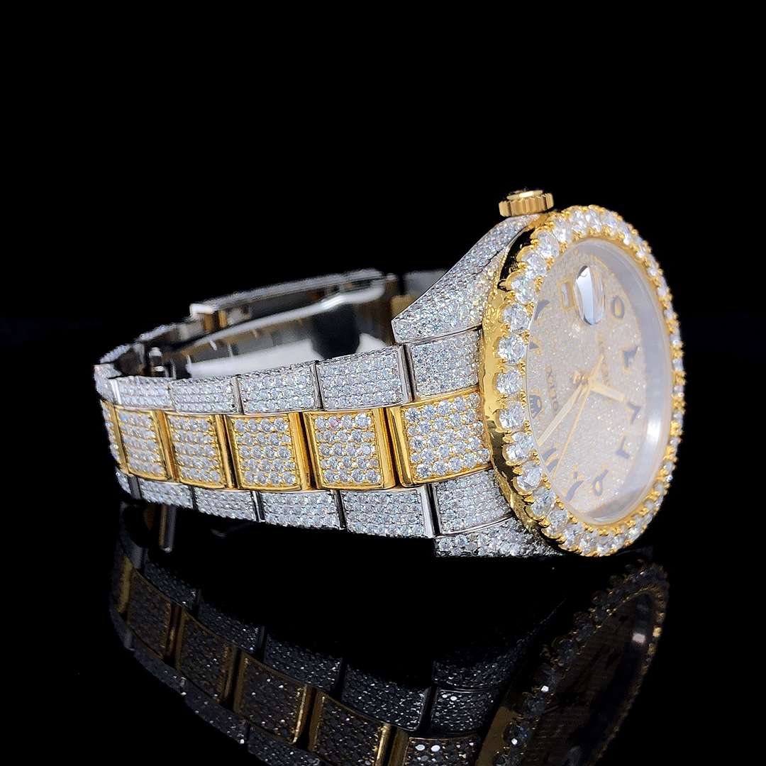 VVS Diamond Menโs Watch, 41mm Dial, White & Yellow Gold Plated, Iced Out Arabic Dial Stainless Steelโ Luxury Gift for Him