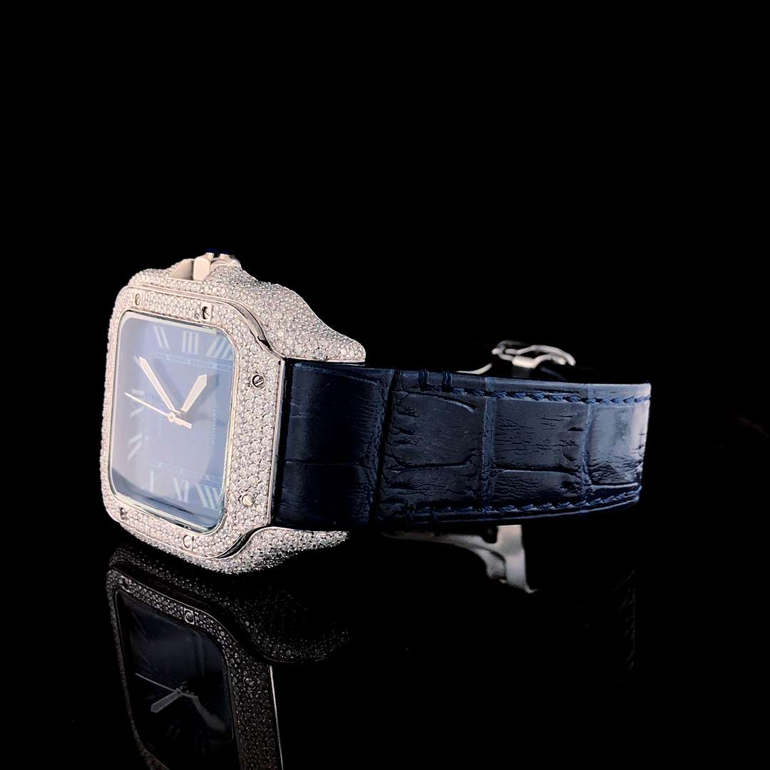Moissanite Iced Out Menโs Watch, Yellow Gold Plated Stainless Steel, Leather Belt โ Luxury Gift