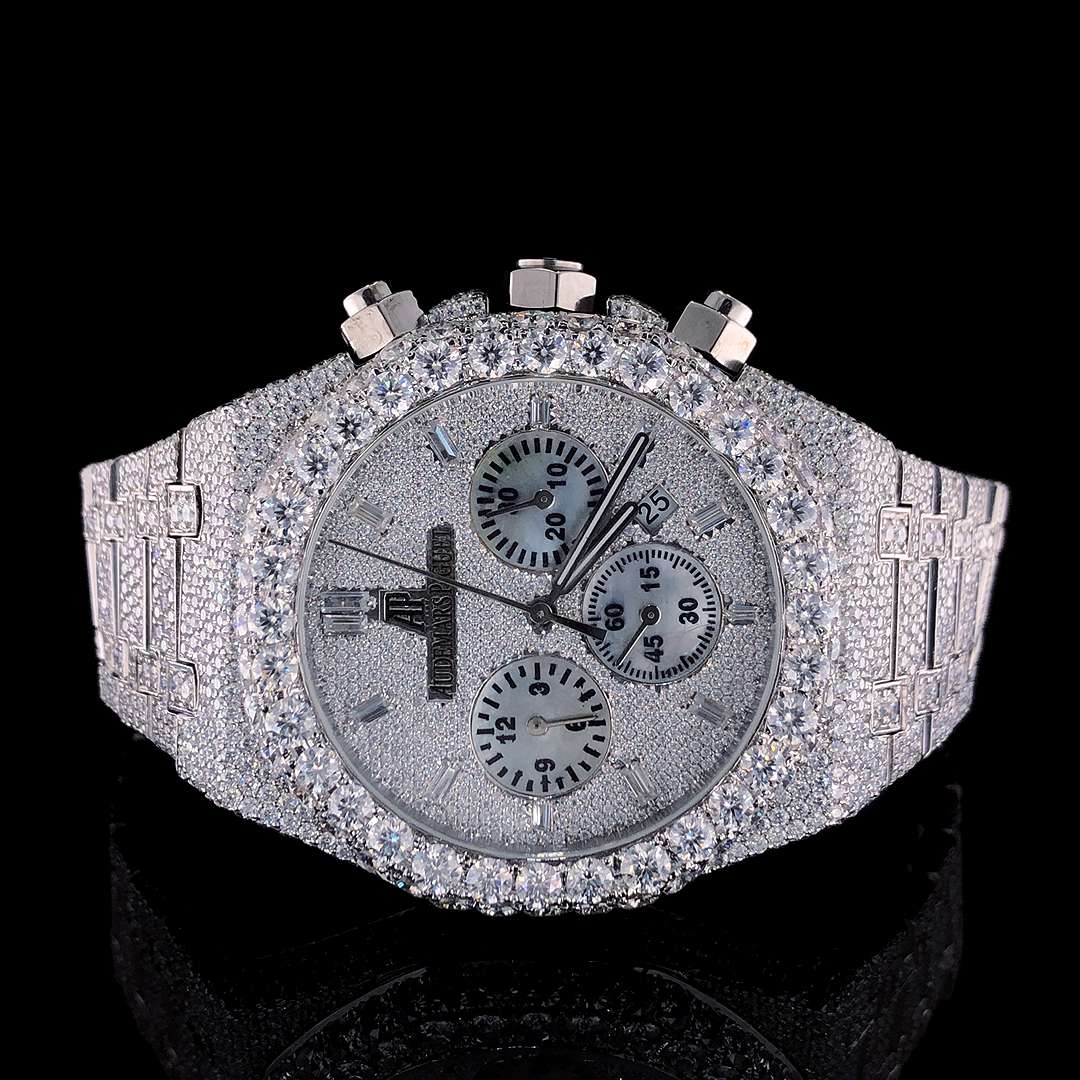 Full Iced Out VVS Moissanite Diamond Menโs Watch, 42mm White Gold Plated Stainless Steel Chronograph