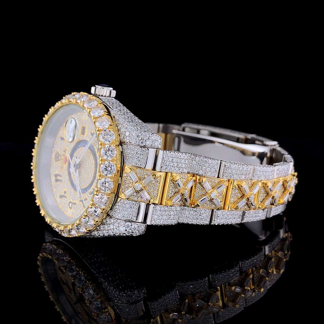 Fully Iced Out VVS Moissanite Menโs Watch, 42mm Dial, Baguette & Round Diamonds, White & Rose Gold 2-Tone Stainless Steel โ Luxury Birthday Gift for Him