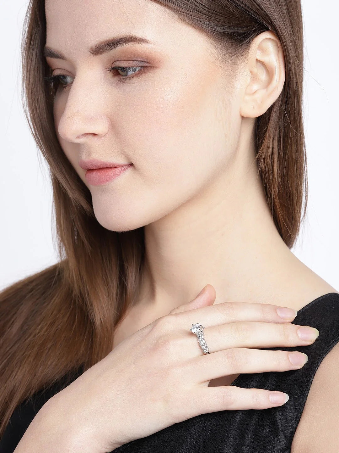 "Artificial Eternity Band Ring for Women | Rhodium Plated AD & CZ Studded Silver Finger Ring – Elegant Adjustable Jewelry"