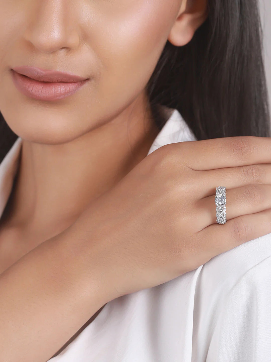 "Priyaasi Artificial Solitaire Ring for Women | Silver-Plated American Diamond Adjustable Finger Ring"