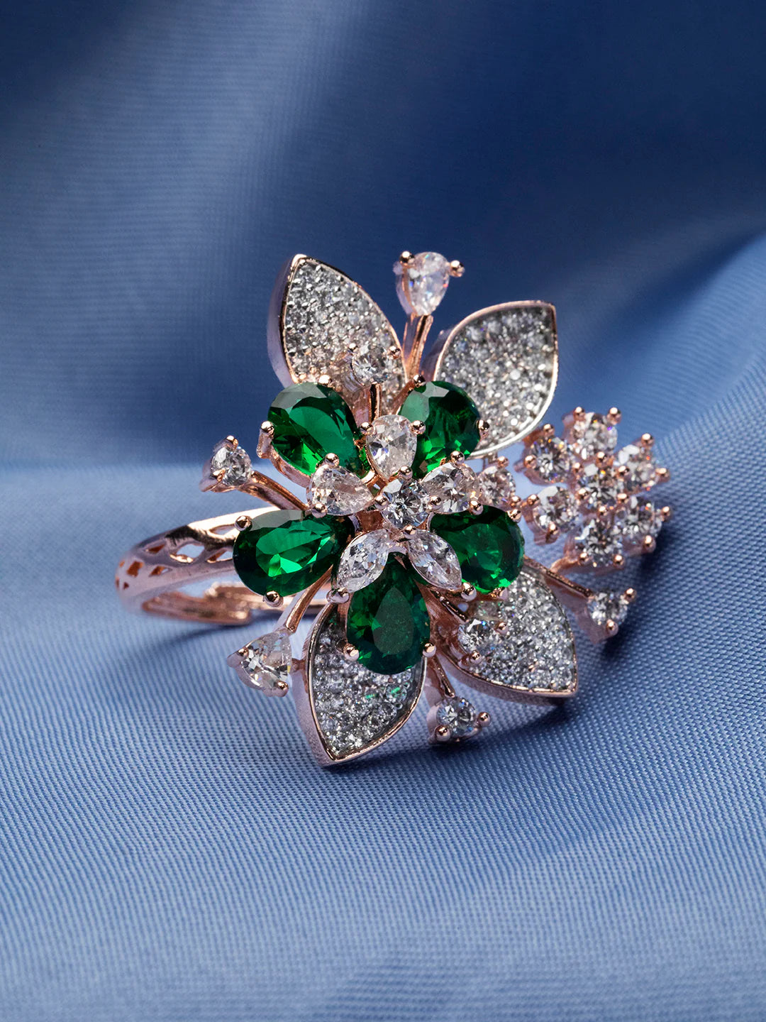 "Artificial Green Floral Leaf Cocktail Ring for Women | Rose Gold Plated American Diamond Statement Finger Ring"