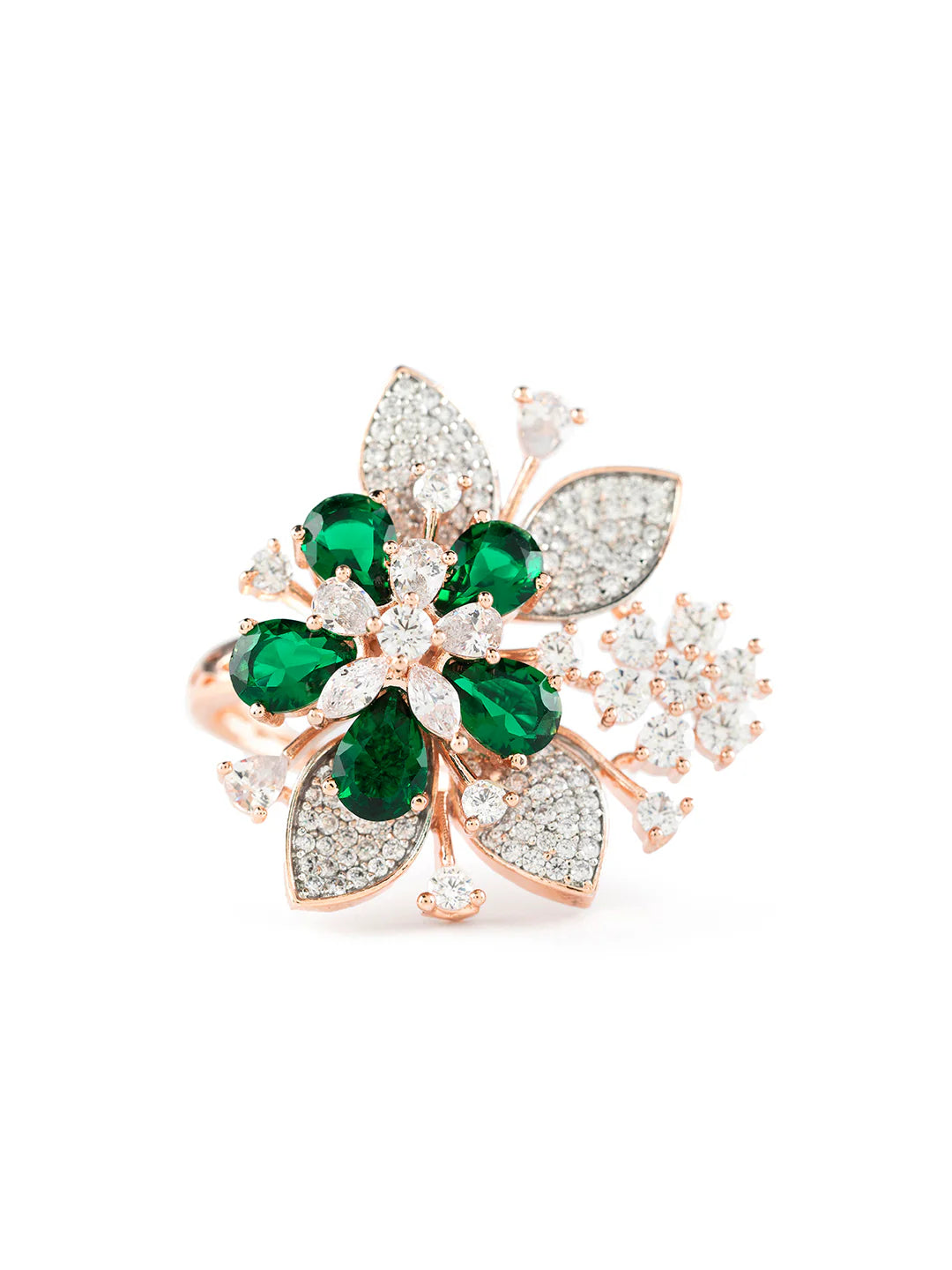 "Artificial Green Floral Leaf Cocktail Ring for Women | Rose Gold Plated American Diamond Statement Finger Ring"
