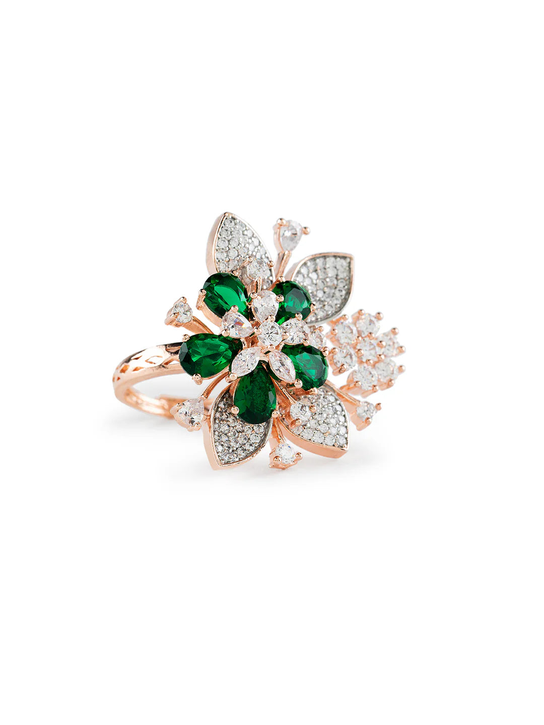 "Artificial Green Floral Leaf Cocktail Ring for Women | Rose Gold Plated American Diamond Statement Finger Ring"