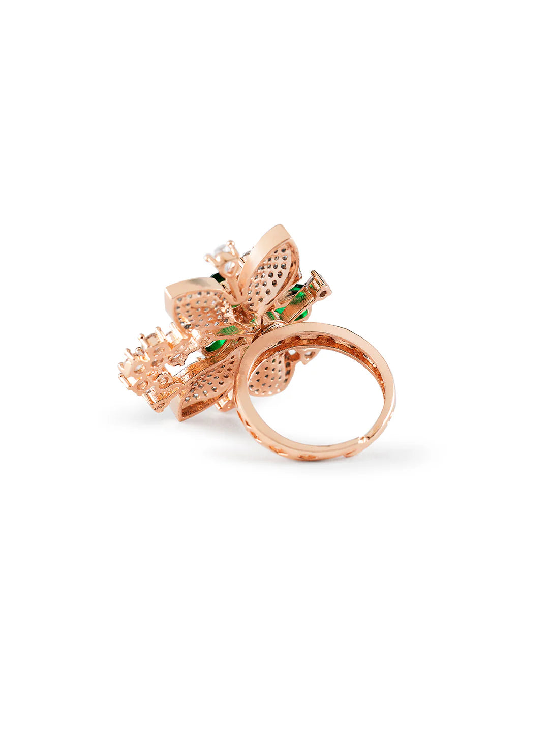 "Artificial Green Floral Leaf Cocktail Ring for Women | Rose Gold Plated American Diamond Statement Finger Ring"