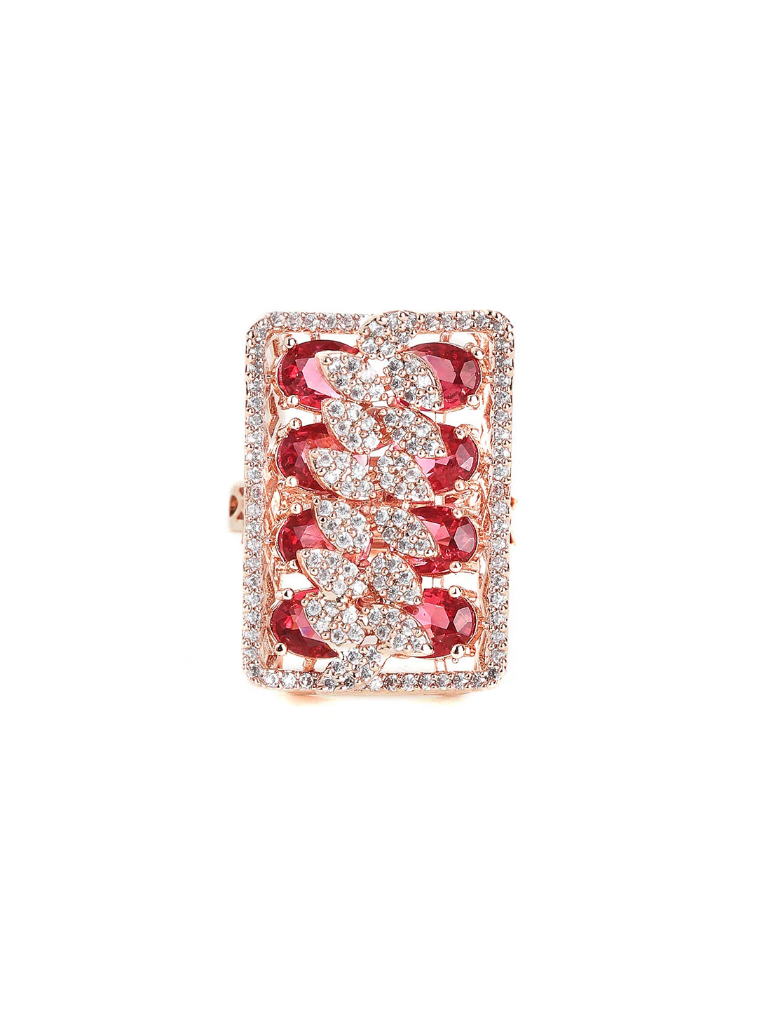 "Artificial Ruby Stoned American Diamond Geometric Ring for Women | Rose Gold Plated Adjustable Finger Ring"