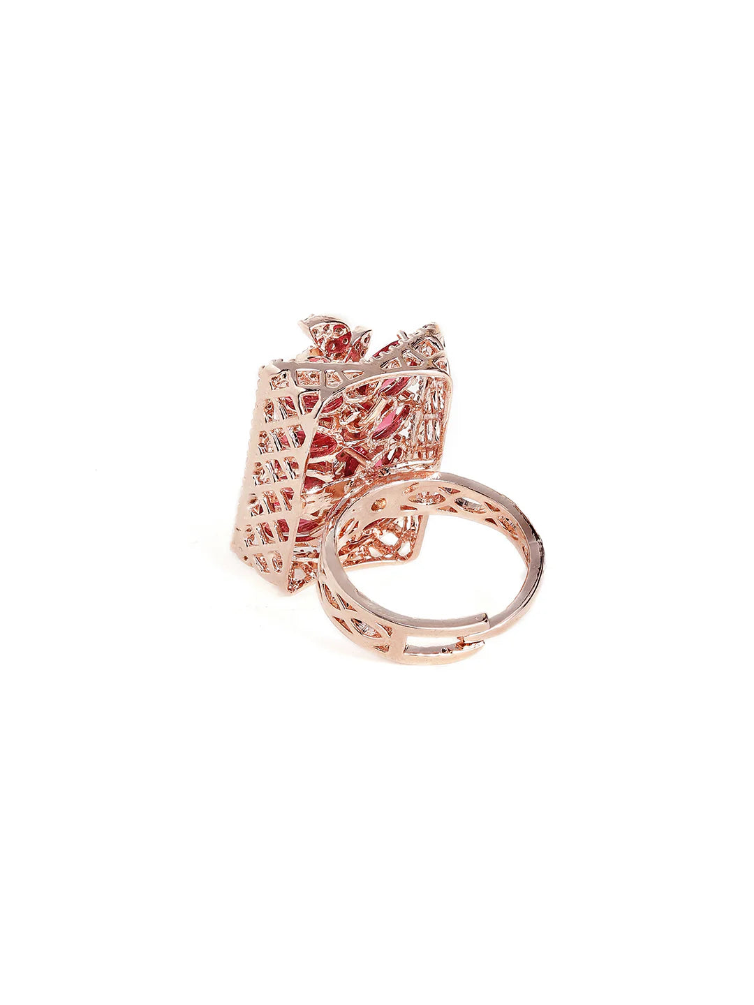 "Artificial Ruby Stoned American Diamond Geometric Ring for Women | Rose Gold Plated Adjustable Finger Ring"
