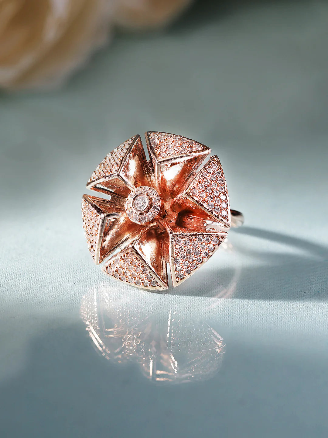 "Artificial American Diamond Floral Ring for Women | Rose Gold Plated Elegant Adjustable Finger Ring"