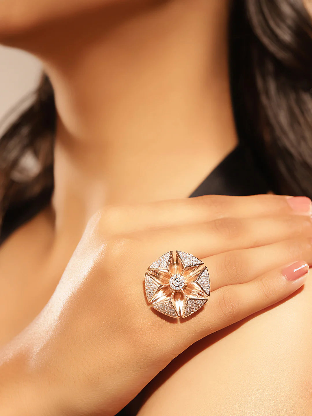 "Artificial American Diamond Floral Ring for Women | Rose Gold Plated Elegant Adjustable Finger Ring"