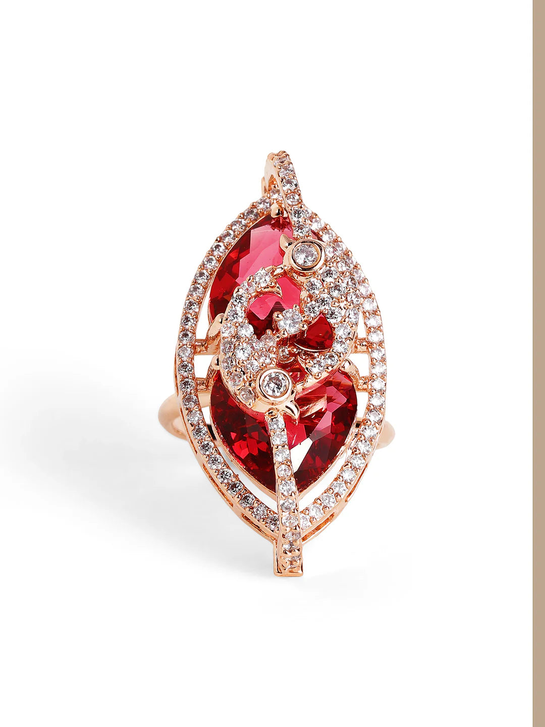 "Artificial Ruby Stone Floral Ring for Women | Rose Gold Plated American Diamond Adjustable Finger Ring – Elegant Party Wear Jewelry"