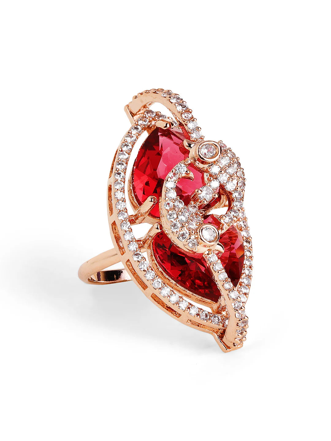 "Artificial Ruby Stone Floral Ring for Women | Rose Gold Plated American Diamond Adjustable Finger Ring – Elegant Party Wear Jewelry"
