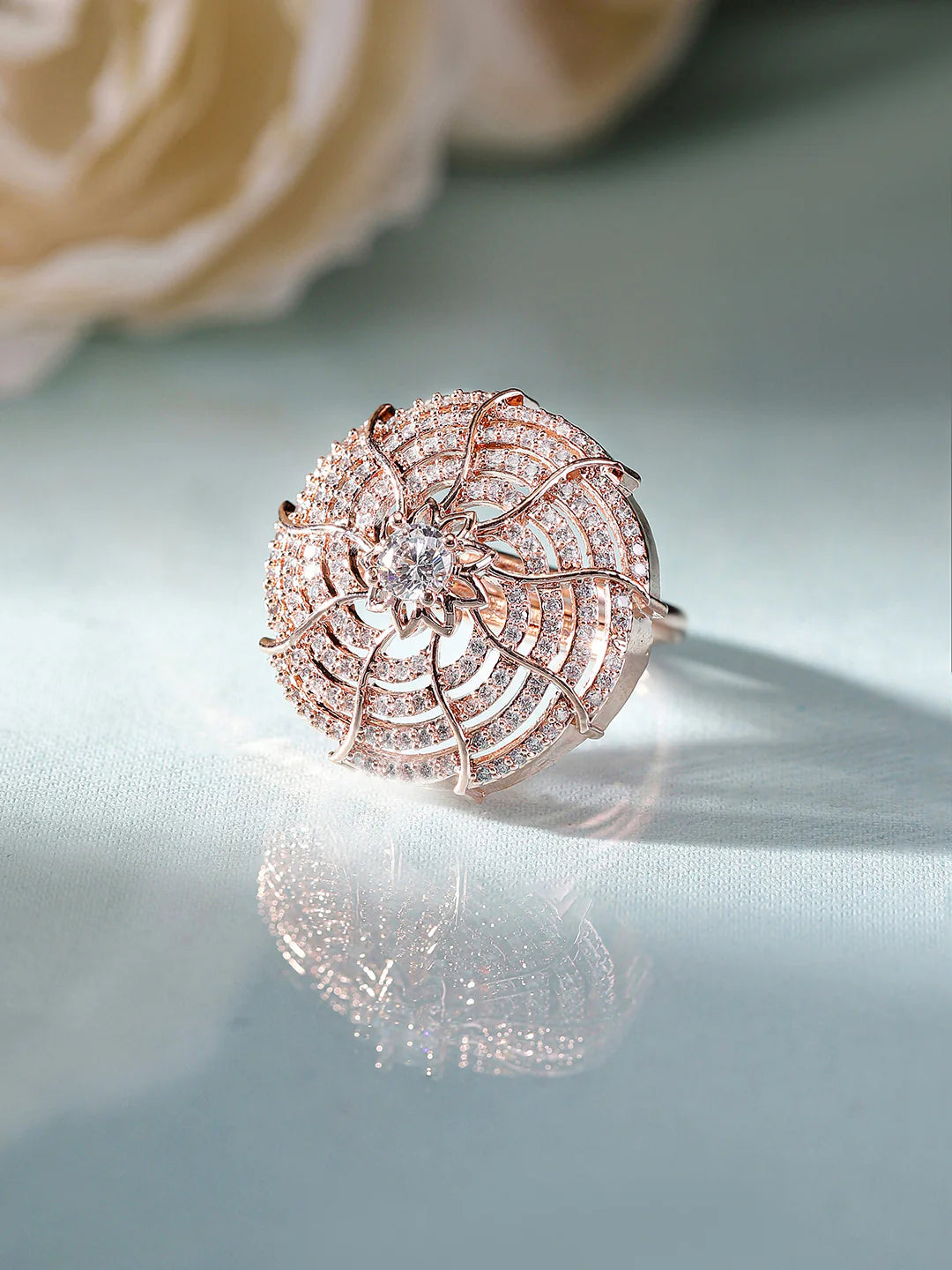 "Artificial Geometric American Diamond Ring for Women | Rose Gold Plated Adjustable Finger Ring – Stylish Party Wear Jewelry"