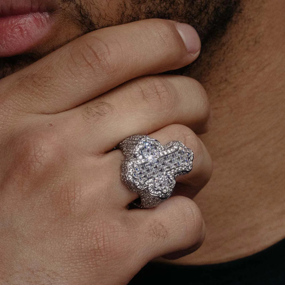 "Moissanite Fleur Cross Ring – VVS D-Color Iced Out 925 Sterling Silver Gothic Statement Ring for Men"