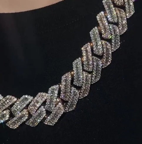 22mm Miami Cuban Link Prong Chain, VVS1 Quality Baguette and Round Moissanite, Pass Diamond Tester, Heavy Quality 925 Sterling Silver