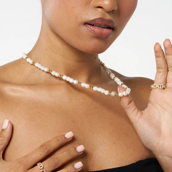 5mm Iced Beaded Pearl Necklace - Gold