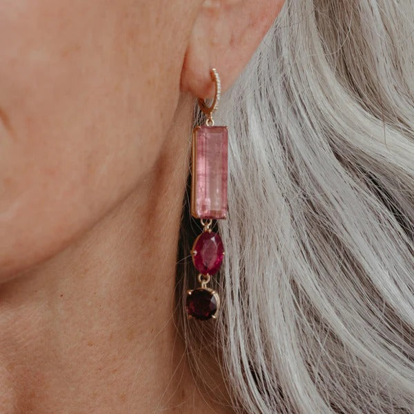PINK TOURMALINE THREE STONE DROP EARRINGS
