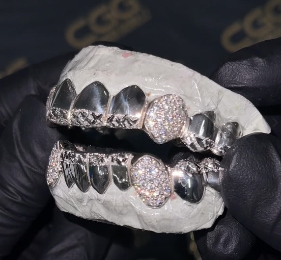 Diamond Cut & Diamond Dust Tips with Iced Fangs Grillz
