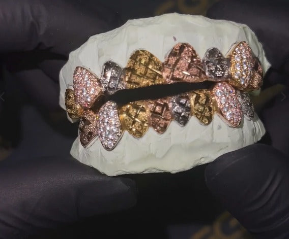 Tri-Color Diamond Cut & Diamond Dust with Iced Fangs Grillz