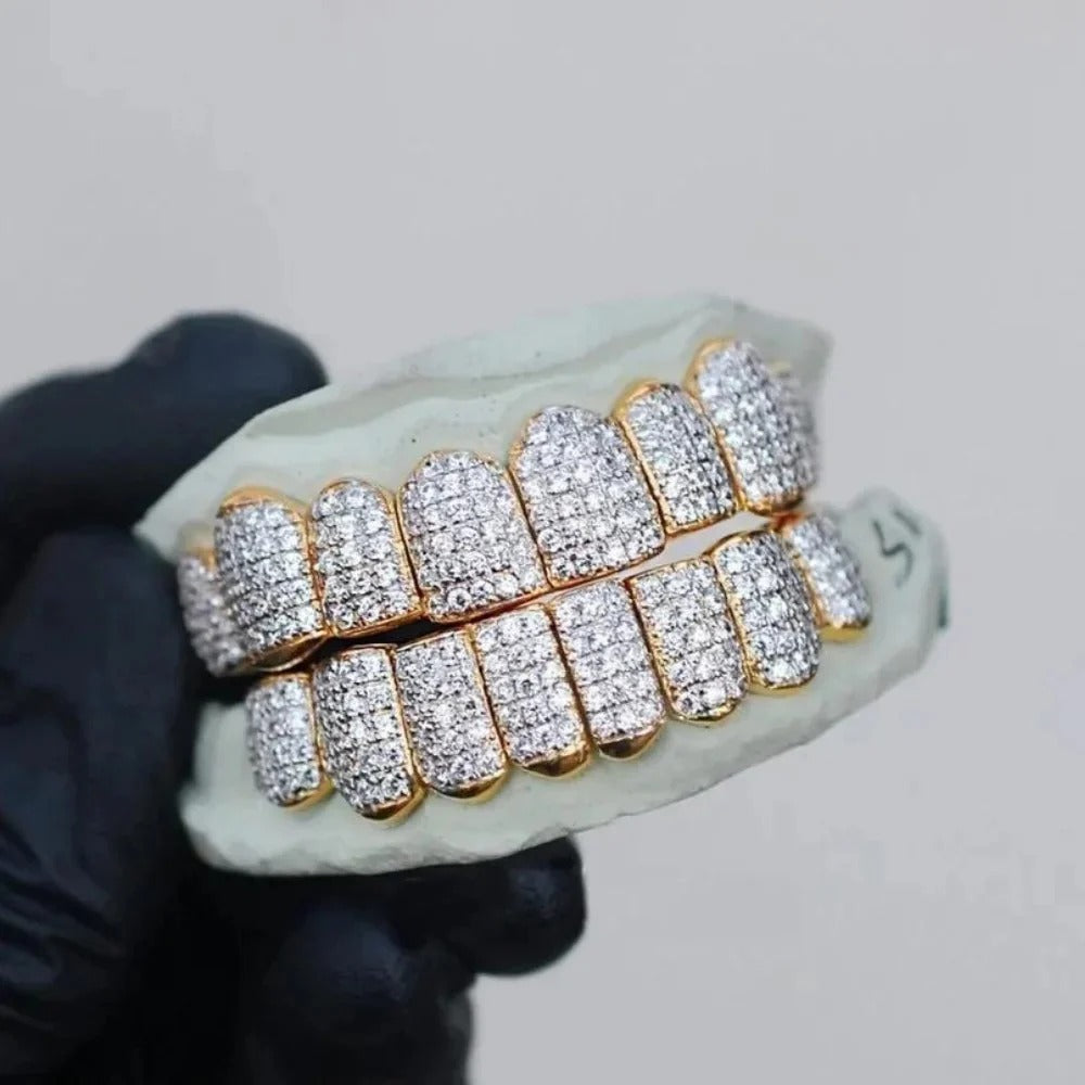 Real Moissanite Round Moissanite Teeth Grillz - 14K Yellow Gold - 6 on Bottom