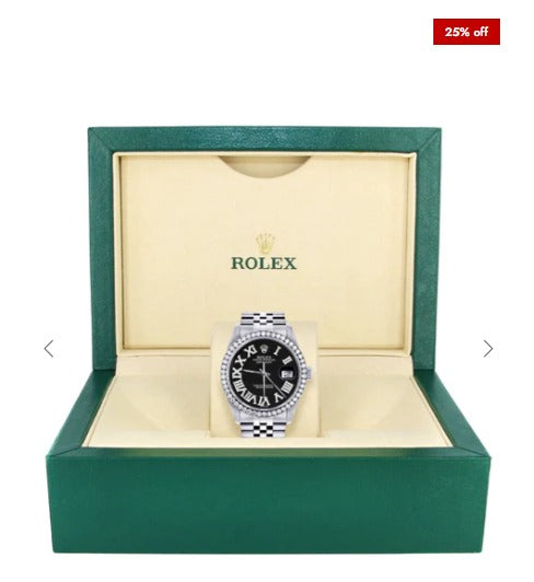 Diamond Mens Rolex Datejust Watch 16200 | 36Mm | Black Roman Numeral Dial | Jubilee Band