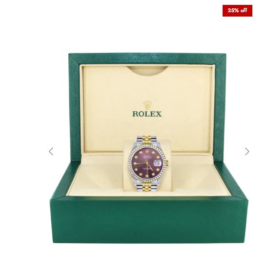Diamond Rolex Datejust Watch for Men 16233 | 36Mm | Purple Dial | Jubilee Band