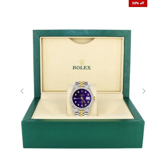 Diamond Gold Rolex Watch For Men 16233 | 36Mm | Royal Blue Dial | Jubilee Band