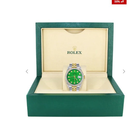 Gold Rolex Datejust Watch 16233 for Men | 36Mm | Green Dial | Jubilee Band