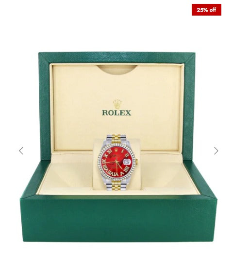 Diamond Mens Rolex Datejust Watch 16200 | 36Mm | Red Diamond Dial | Jubilee Band