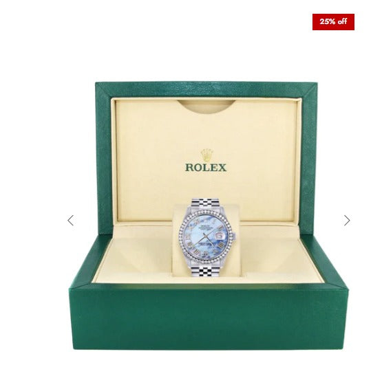 Diamond Mens Rolex Datejust Watch 16200 | 36Mm | Blue Mother Of Pearl Roman Numeral Dial | Jubilee Band