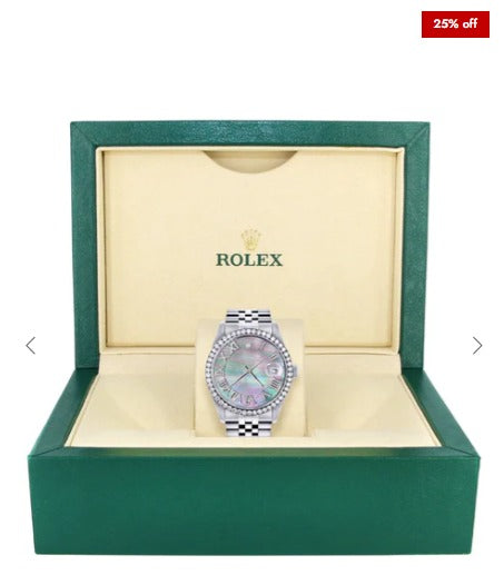 Diamond Mens Rolex Datejust Watch 16200 | 36Mm | Dark Mother Of Pearl Dial | Roman Numeral | Jubilee Band