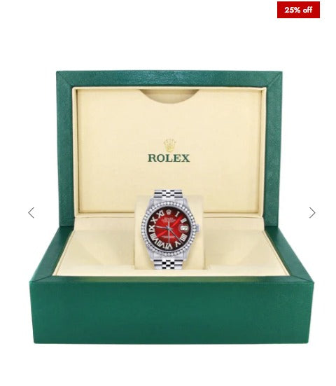 Diamond Mens Rolex Datejust Watch 16200 | 36Mm | Red Black Roman Numeral Dial | Jubilee Band
